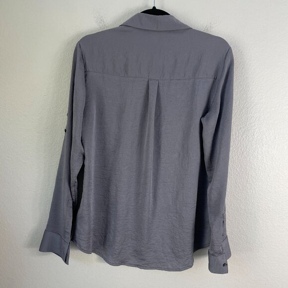 Express Portofino Shirt Womens Medium Slim Fit Gray Crinkled Roll Tab Sleeve Top - Picture 7 of 7
